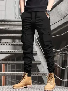 Men's Solid Multi-pocket Cargo Pants, Regular Fit Casual Elastic Waist Trousers for Outdoor Activities, Woven Bottoms for Men, Plain, Casual Elastic Waisted