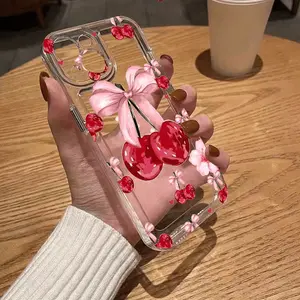 A phone cases Featuring a Pink Cherry Bow Design  for Iphone 16, 15, 14 Pro Max, 13, 12, 11, XR, And XS Plus, Offering Shockproof Drop Protection with a Rugged And Durable Silicone Cover, Perfect As a Gift for Women, Men, Girls, And Boys