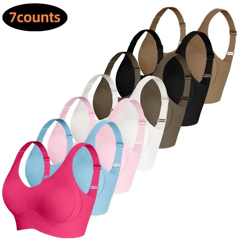 7counts Women's Solid Four-breasted Adjustable Wireless Bra Curvy Soft Comfortable Breathable Ribbed PushUp Seamless Bra for All Seasons Lingerie