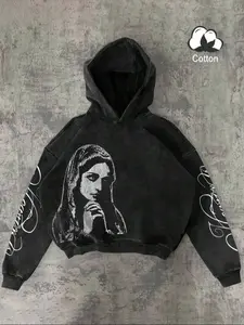 TikTok Trending Christian - Themed Cropped Fitted Hoodie Sweatshirts, Black Vintage Style with Praying Figure Graphic Print, Made of Cotton, Ideal for Edgy Faith - Inspired Outfits During TikTok Shop Black Friday Sales and Christmas Gift Ideas
