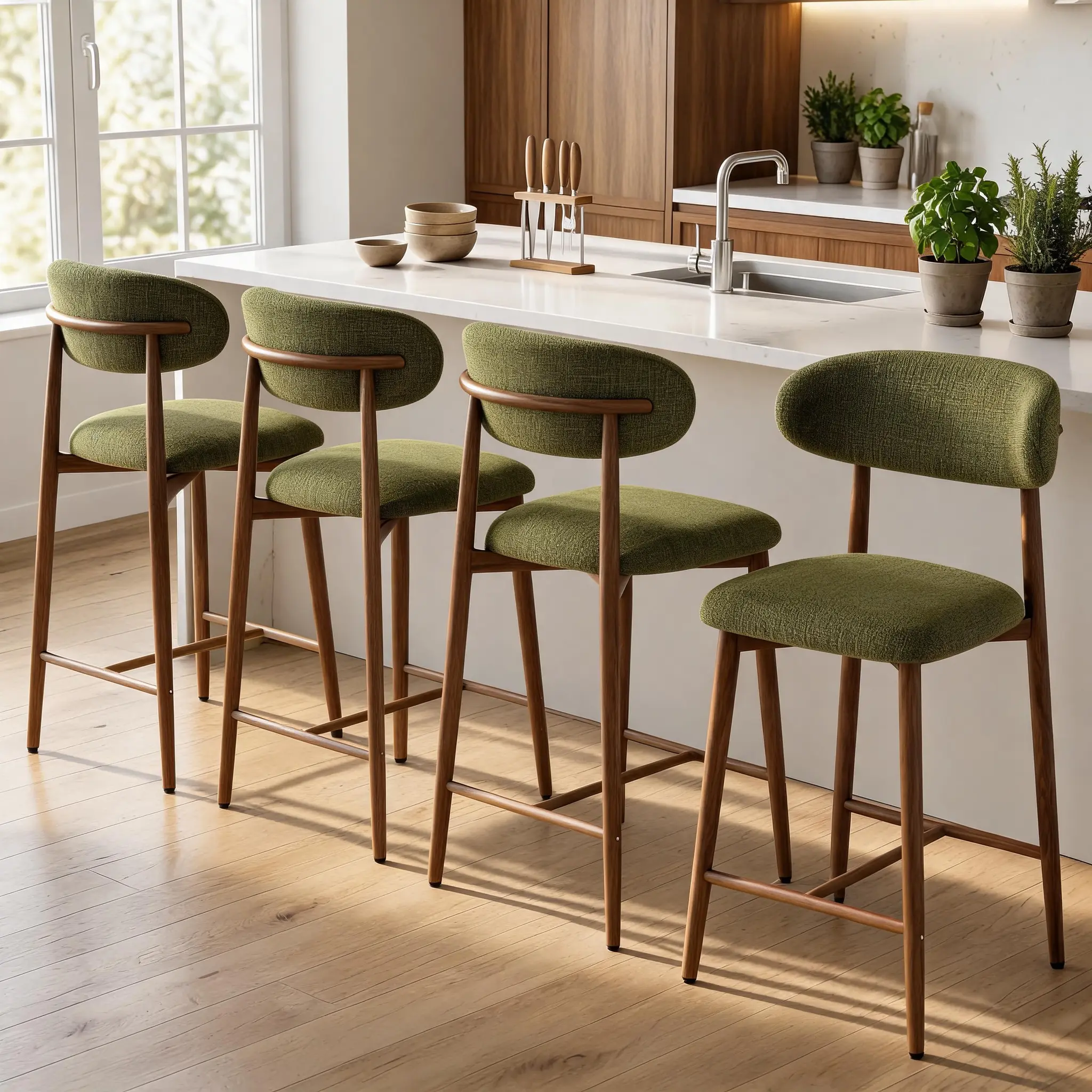 Set of 2 26.3" High Modern Counter Height Fabric Seat Bar Stools with Back, Padded Cushion Kitchen Island Chairs, Metal Legs and Footrest