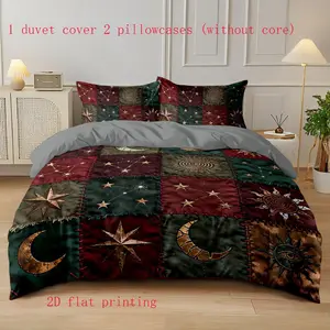 3-piece retro sun and moon patchwork pattern duvet cover set, Bedroom Bedding Set, 2D flat print, including 1 duvet cover and 2 pillowcases (unfilled) comfortable, without padding, suitable for bedrooms, Washable Covers