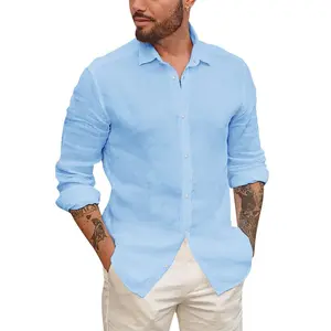 PASLTER Mens Button Up Shirts Long Sleeve Linen Beach Casual Cotton Summer Lightweight Tops XM0513 Menswear Beige