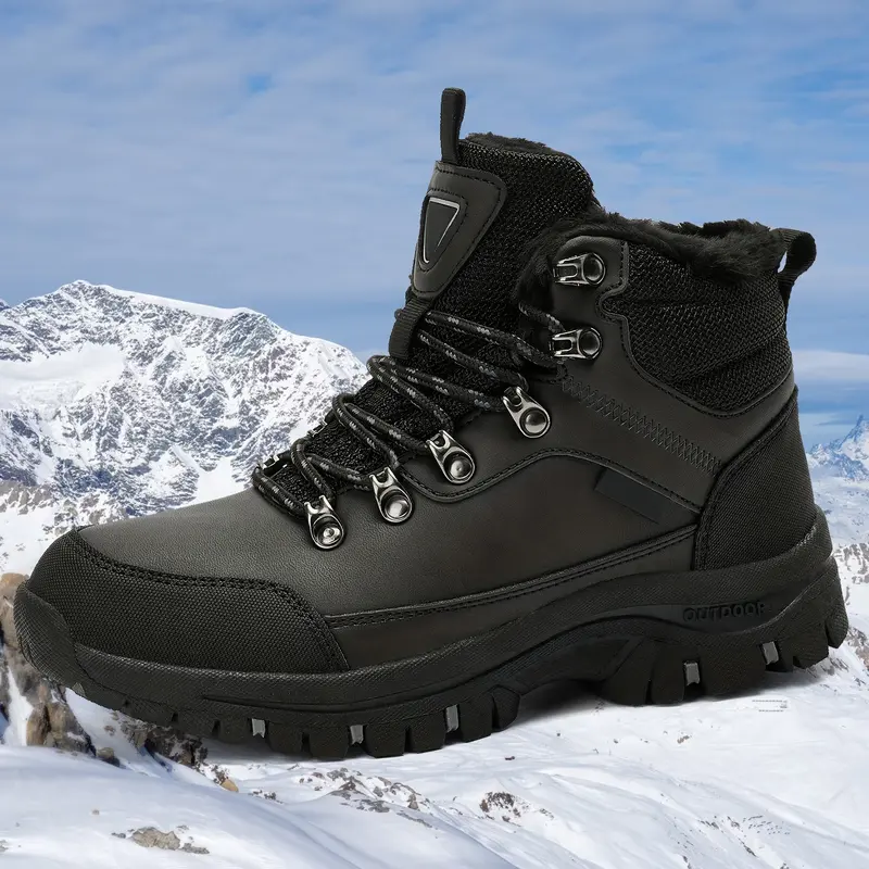 Men's Warm Water-Resistant PU Leather Ankle Hiking Boots - Slip-Resistant Durable Cold Weather Gear with Cotton Laces, Versatile Use for Camping Backpacking, Hike Shoes, Outdoor Trekking Footwear, Trekking Camping Shoes