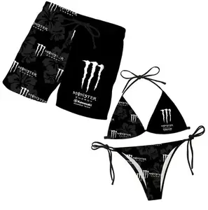 Matching Monster Floral Couple Swimwear Sets - Women's Swim Bra & Tie-Side Thong Bikini, Men's Beach Shorts, Summer Vacation Hawaiian Sports Swimwear