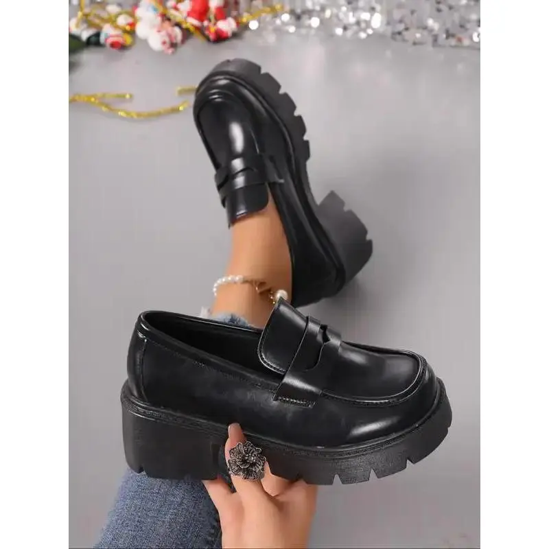 Fashionable Thick-Sole Korean Chunky Loafer Flats - PU Leather Upper, Rubber Sole, British Style Walking Footwear for All Seasons, Walking Shoes