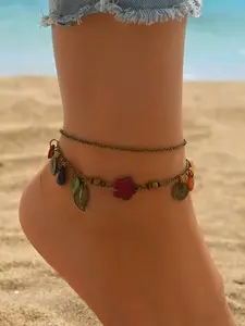 Bohemian Leaf Alloy Cat Eye Anklet, Ethnic Style Acrylic Flower Ankle Chain, All Seasons Fashion Accessory, Boho Style Jewelry, Bohemian Charm, Versatile Accessory, No Choking Hazard