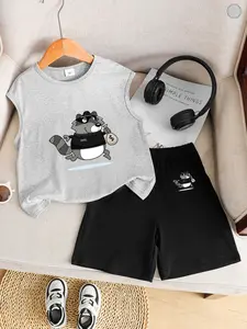 Summer Boys Sleeveless Top + Comfortable Loose Jogger Pants, Casual Set, Cool Cartoon Print, Casual Street Style, Breathable