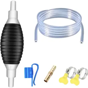 Hand Fuel Transfer Pump, High Flow Gas Siphon Hose for Gasoline Oil Diesel Petrol & Water, Manual Pump with Premium PVC Hoses, Hose Clip & Brass Connectors