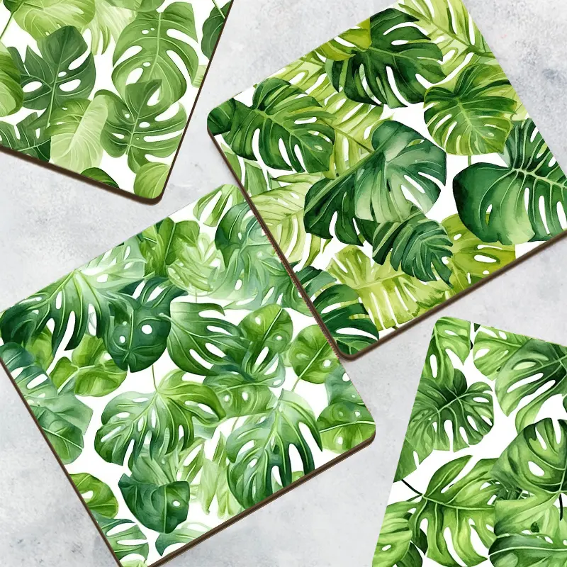 4 piece wooden square coasters pastoral style green leaf design, scald proof and non slip coasters, suitable for coffee mats, table decorations, suitable for restaurants, homes and theme party decorations