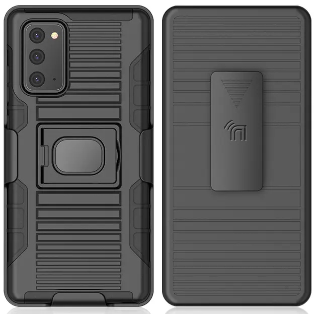 Case with Clip for Galaxy Note 20, Nakedcellphone Black Rugged Ring Grip Cover [with Stand and Built-In Mounting Plate] + [Belt Hip Holster] for Samsung Galaxy Note 20 Phone (SM-N980, SM-N981)
