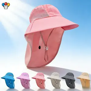 HER-Kids Sun Hat with Neck Flap UV Protection Summer Toddler Beach Hat Unisex Ponytail Hole Wide Brim Fisherman Hat for Boys Girls 5-10 Years Old