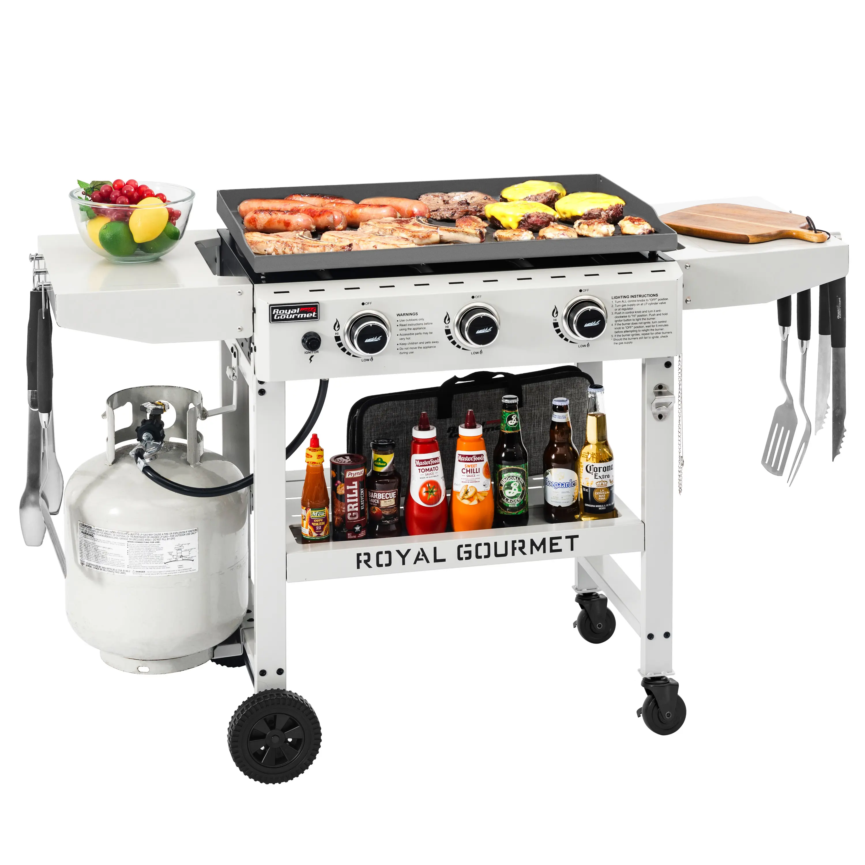Royal Gourmet GB3000W 28" 3-Burner Propane Gas Griddle, 39,000 BTU Portable Flat Top Grill with Collapsible Shelves, 492 Sq In for Outdoor Camping, Tailgating, White Kitchen Home Kitchenware Bbq Barbecue
