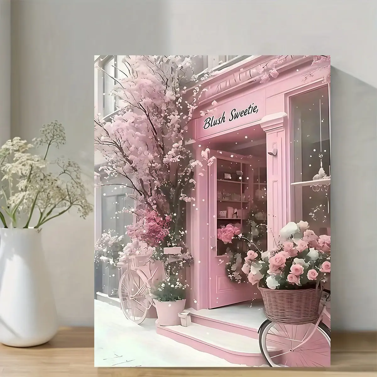 A Charming Easter Wooden Frame Canvas Poster - Romantic Pink Floral Design with "Pink Sweet" Shop and Bicycle, Suitable for Home and Office Decoration, Wall Art, Decorative Artwork, Indoor Use, Canvas Material, Room