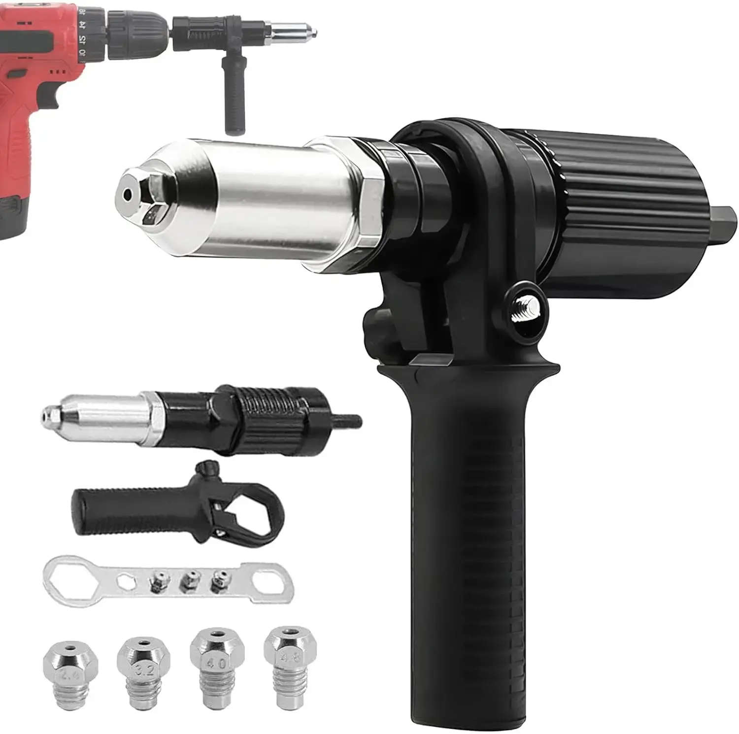 Burrsafe Electric Rivet Nut Gun Adapter with Handle Grip, Cordless Power Drill Riveter Attachment Hand Tool Hardware Kit for Metal Riveting, Burrsafe Riveting
