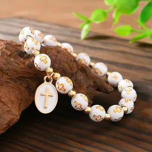 Vintage Ethnic Handcrafted Elastic Stretch Bead Bracelet Charms Golden-Tone Cross White Beads Bracelet Minimalist Men/Women Beaded Vacation Travel Beach Bracelet Jewelry