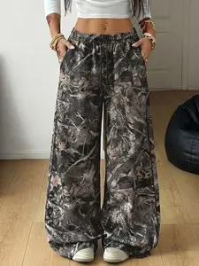 Women's camouflage tree branch print loose wide-leg pants, oversized high-waisted Adjustable drawstring trousers, Boho Casual Trousers, suitable for street style and everyday wear, Womenswear, Streetwear, Bottom | #Grunge aesthetic, campus style