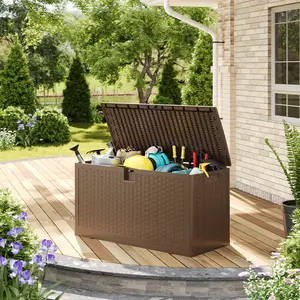 73 Gallon All Weather Resin Outdoor Storage Deck Box, Waterproof Lockable Bench Container, Large Capacity Organizer for Patio, Pool Supplies, Garden Tools & Parcel Storage, Brown