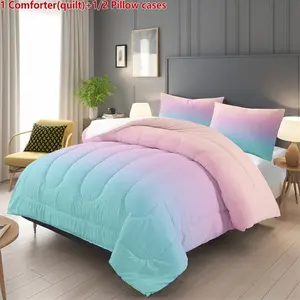 3-piece Gradient Rainbow Quilted Bedding Set (1 Quilt + 2 Pillowcases without Pillow Inserts), featuring U-shaped quilting. The quilt contains 200gsm filling, suitable for all seasons. It is breathable, skin-friendly, soft, durable, and machine-washable,