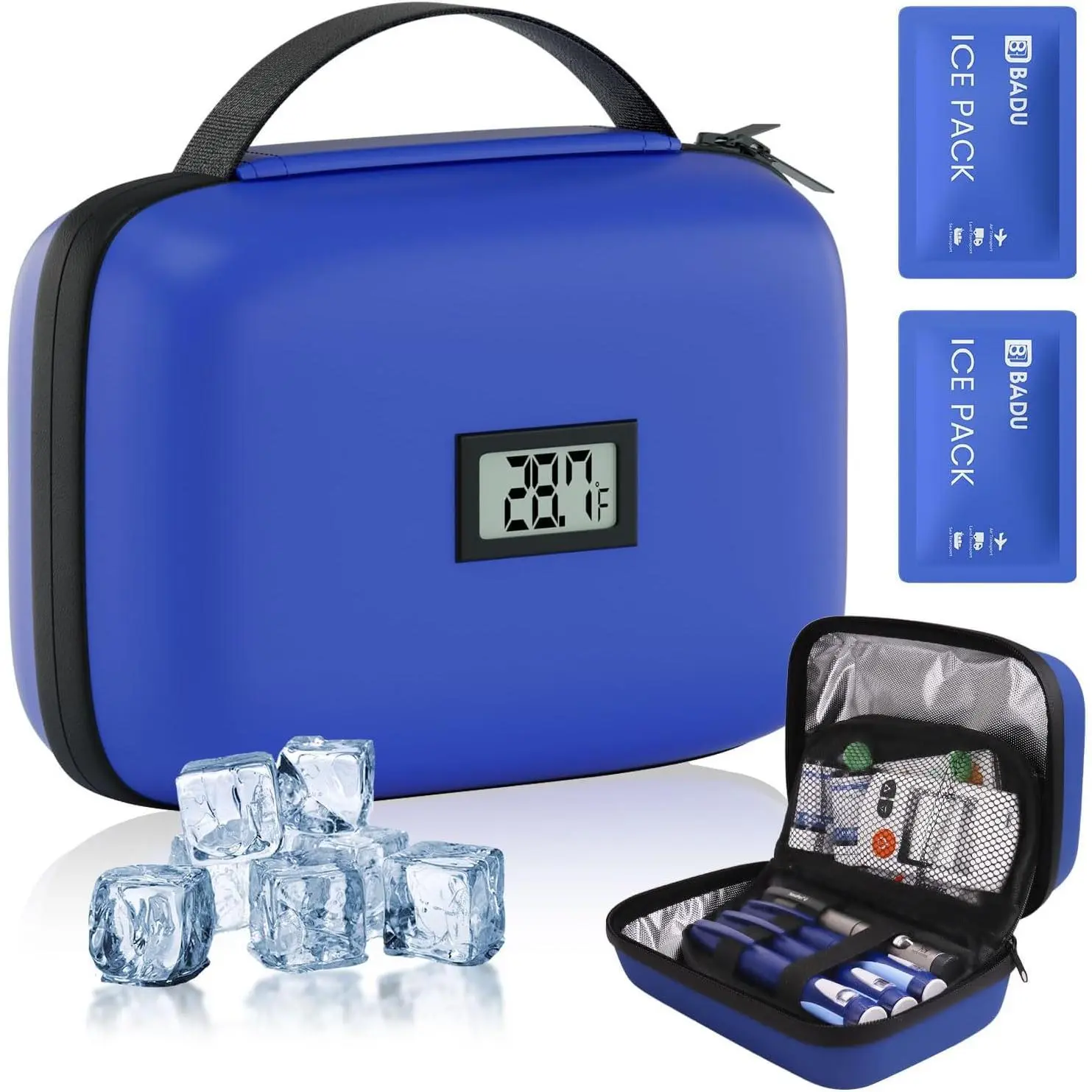 Portable Insulated Cooler Bag for Diabetics - TSA-Approved Plastic EVA Insulin Travel Case with Medicine Compartments, Temperature Display, Universal Velcro Organizer, Insulin Pen Holders, 2 Large Ice Packs, Thermal Insulated