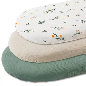 3 Pack Muslin Baby Bassinet Sheets, Changing Diaper Pad, Baby Bedside Oval, Rectangle Pads, Safe for Mouth and Hands, Oeko-Tex 100 Certificated, Fitted Bassinet Sheets