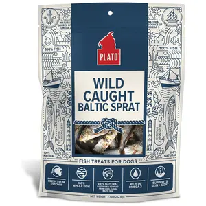 PLATO Pet Treats Fish Dog Treats - Air-Dried, Single Ingredient Dog Treat - with Omega 3 & 6 Fatty Acids to Support Skin and Coat - 100% Whole Fish - Wild Caught Baltic Sprat Dog Treats - 7.5 oz