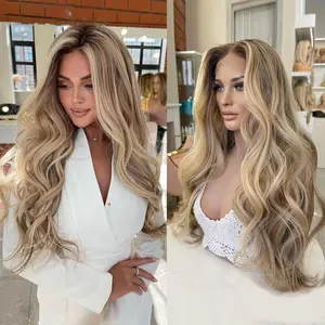 Balayage Highlight Ash Blonde Lace Front Wigs Human Hair Body Wave Ombre Human Hair 13x4 UHD Transparent Lace Frontal Wigs Handmade Colored With Baby Hair for Women 24Inch Jewish Wigs 220% Density