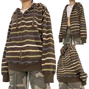 Women Zip Up Drawstring Hoodie Casual Striped Long Sleeve Sweatshirt Jacket Autumn Streetwear, Ladies Clothes for Indoor Outdoor Wear, Ladies Clothes for Daily Wear