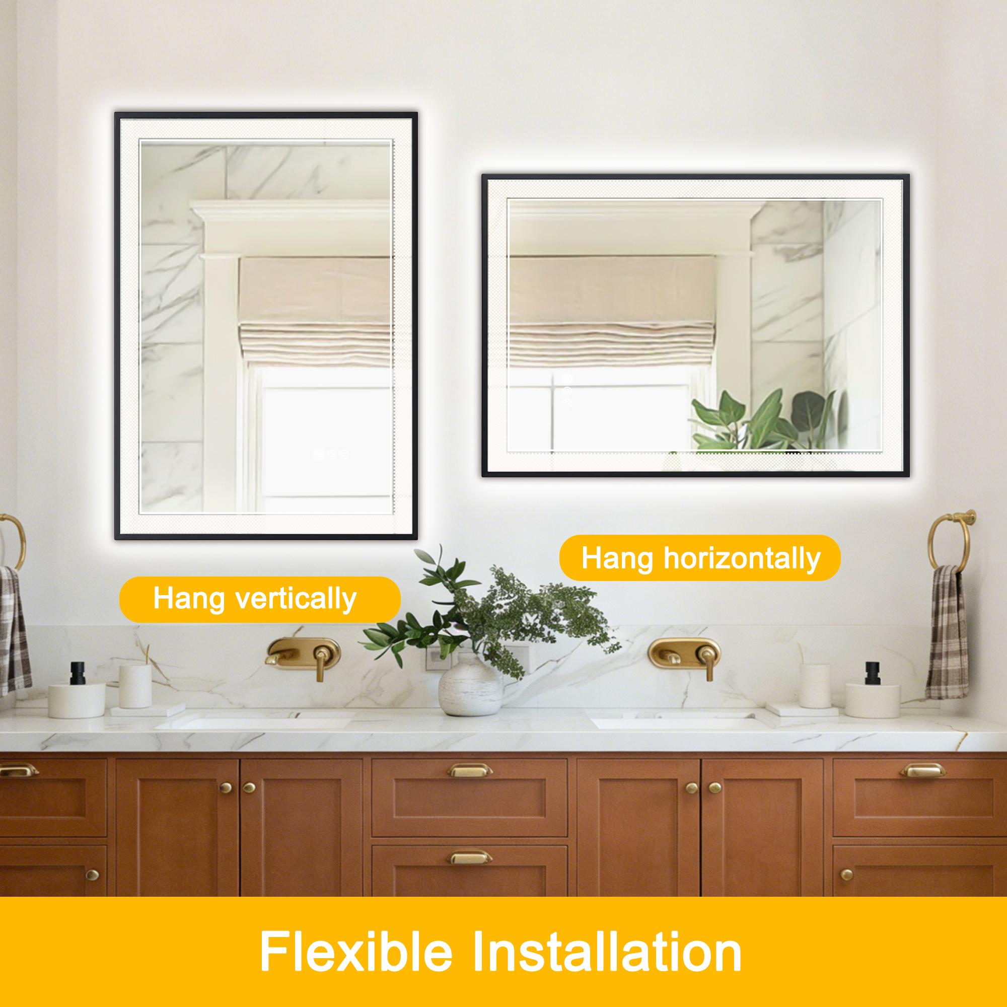 Adjustable LED Bathroom Mirror 3 Color Temperature 3500K/4500K/6500K Dimmable Shatterproof Wall Mounted Vanity Mirror 24x32/24x36/32x40 Inch for Bathroom Renovation