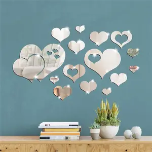 17 Pieces Heart Mirror Wall Decal 3D Acrylic Heart Mirrors Wall Art Decor Removable Heart Wall Sticker for Living Room Bedroom Home Decoration Decorative Smooth