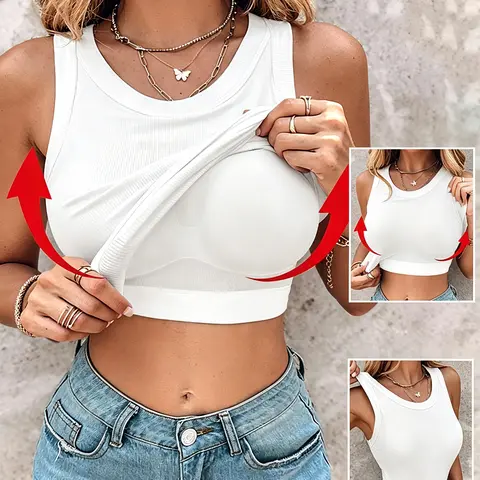 CHICME Women's Built-in Bra Tank Top, Sleeveless Racerback Ribbed Fitted Basic Shirt, Breathable Casual Everyday Top