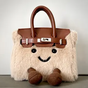 Cute Hairy Smiley Face Handbag Messenger Bag in Light Blue with Faux Fur and Leather Accents