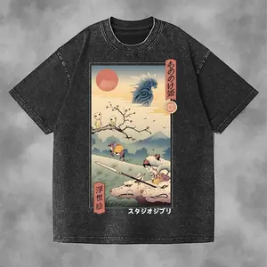 Vintage Washed Japanese Ukiyo-e Forest Spirit T-Shirt, Retro Mythic Nature Art Tee, Unisex Streetwear Japan Aesthetic