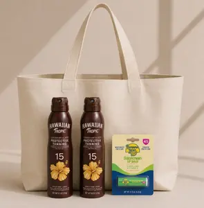 Large Canvas Beach Tote Bag Bundle with 2 Hawaiian Tropic Protective Tanning SPF 15 Sprays & SPF 45 Lip Balm