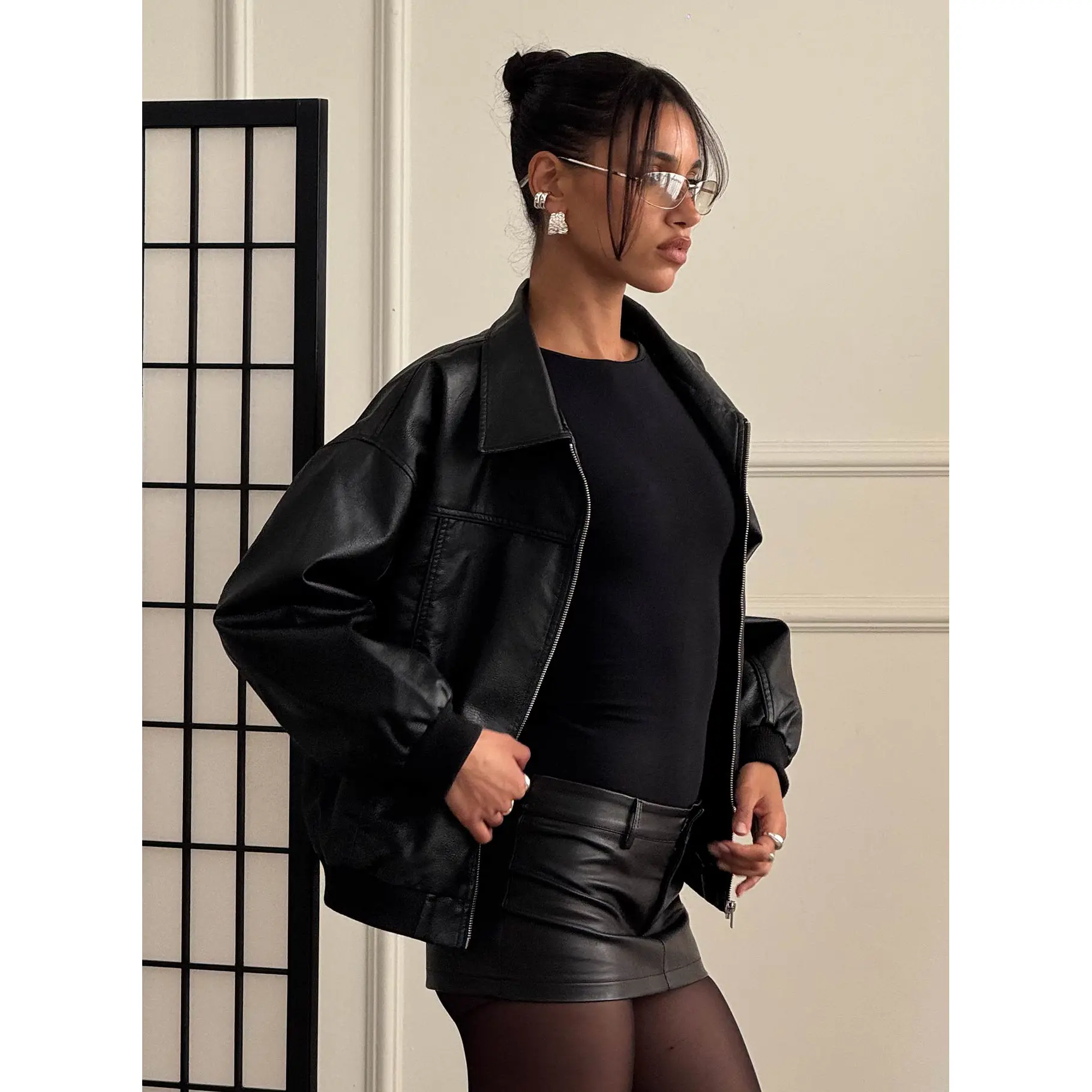 Goldsmith Faux Leather Bomber Jacket Black - TikTok Shop