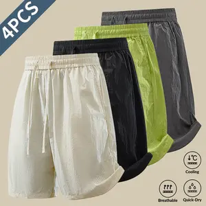 Casual Men Lightweight Ice Silk Shorts Quick Dry Breathable Cooling Feeling Perforated Elastic Drawstring Loose Fit Daily Travel Shorts
