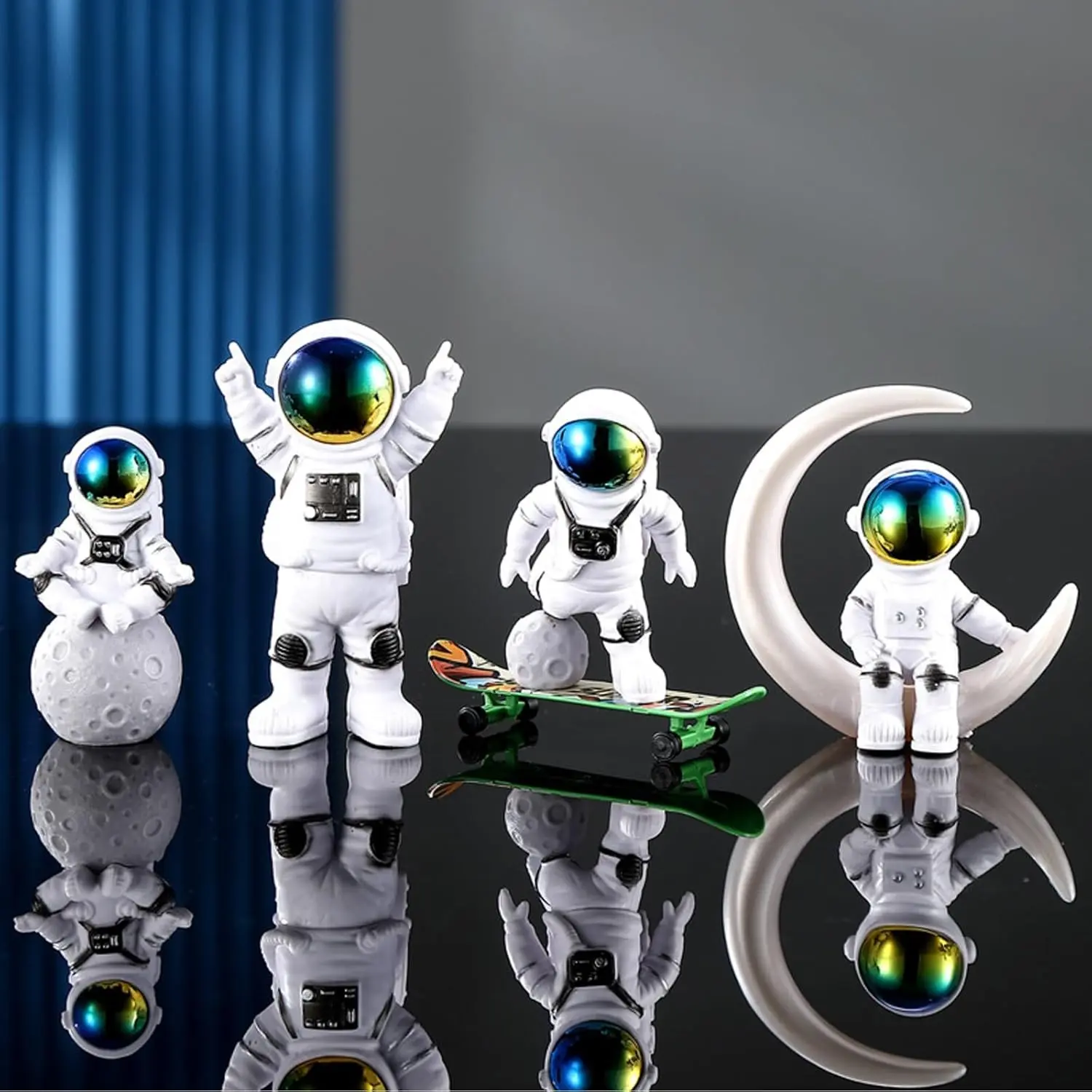 Astronaut Decor New Astronaut Ornaments with Skateboards Cake Topper Spaceman Statues for Home Desktop Decor Space Theme Party Decorations Gradient Color