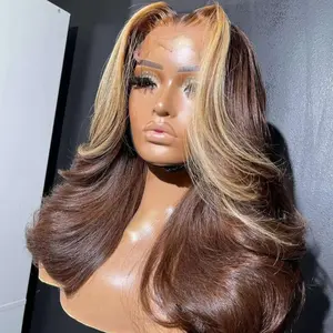 Brown Blonde Highlight Bob Wig Human Hair 13x4 HD Transparent Lace Front Body Wave Bob Wig Pre Cut Pre Plucked Hairline  Short Bob Wigs for Women