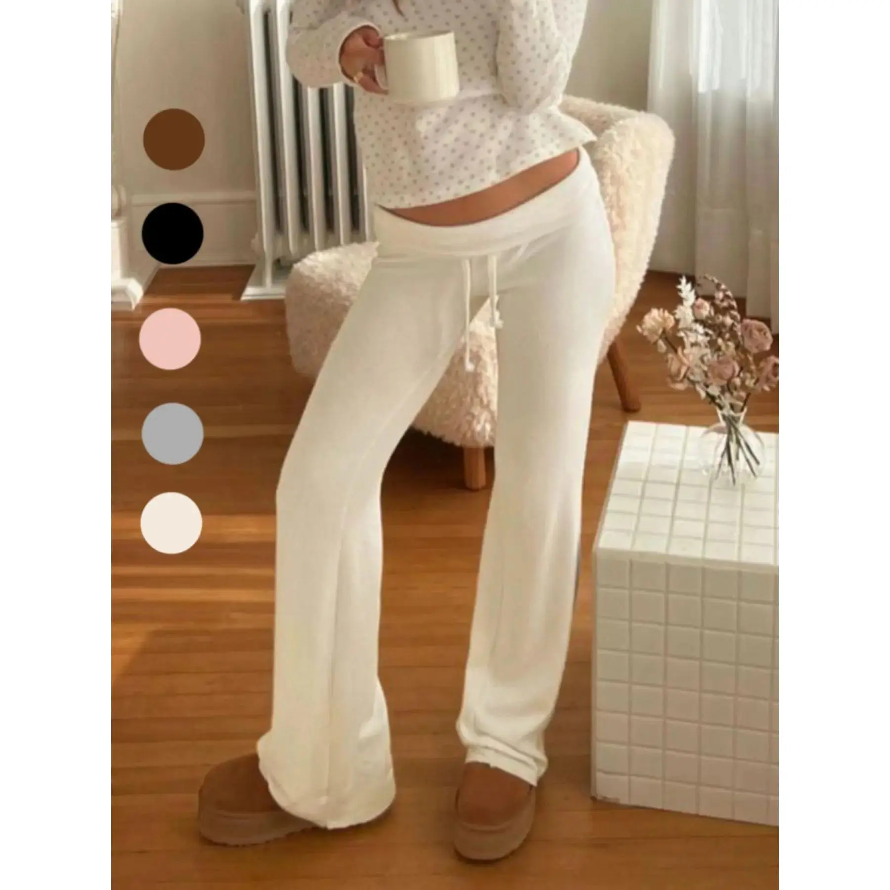 Women's Solid Adjustable Drawstring Foldover Waist Straight Leg Fitted Pants, Pants for Women, Fashion Casual Drop Waist Trousers For Daily Outdoor Wear, Women's Bottoms, Womenswear, Sport Essential, Elastic Waistband
