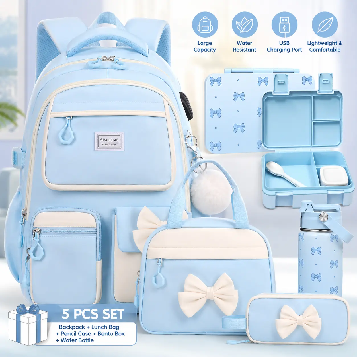 SIMILOVE 3/4/5PCS Backpack Set for School, Cute Bow School Bags for Kids with Lunch Bag & Pen Case, Lunch Box/Bottle/Headphones, Bookbag for Girls Children Teens Elementary Middle Student  Organiser