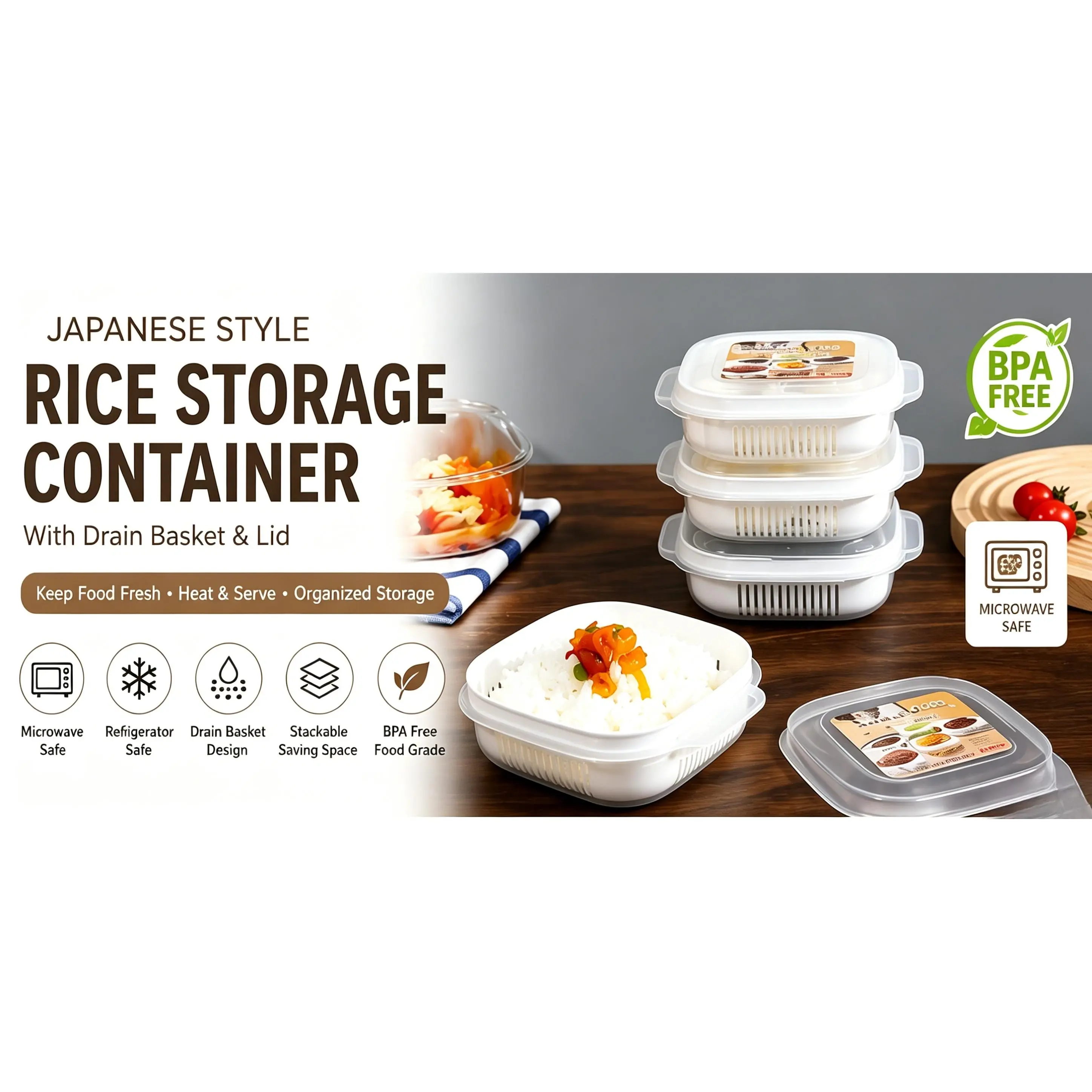 Microwave rice storage container with a drain basket, BPA-free food storage container, reusable lunch box for storing rice, vegetables, and meal prep items| Suitable for refrigerators and microwaves