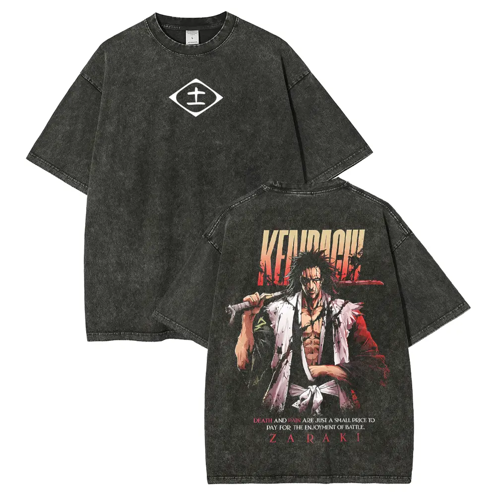 Kenpachi Zaraki-Bleach Anime Double Printed Vintage Washed Tee, Unisex Oversize Anime Manga Washed Heavyweight Cotton T-shirt, Gift For Anime Fan Lover