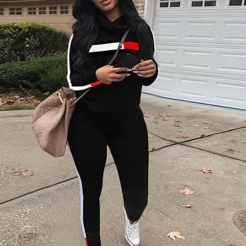 Women's Patchwork Jersey Fabric Sweatshirt & Pants Set, Casual Fitted Long Sleeve High Neck Turtleneck Pullover & Trousers, Women's Fall & Winter Clothes for Daily Wear, Lady, Womenswear, Casual Outfits Women Clothes Sets