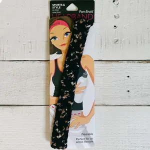 Leopard/Black Wide Braided Headband - Durable Nylon Material, Pom Braid Detail, Suitable for All Hair Types