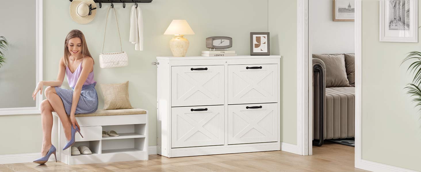 DWVO Shoe Cabinet with 2/4 Flip Drawers, Freestanding Shoe Rack, Shoe Organizer, Narrow Shoe Cabinet for EntryWay Hallway Living Room, White