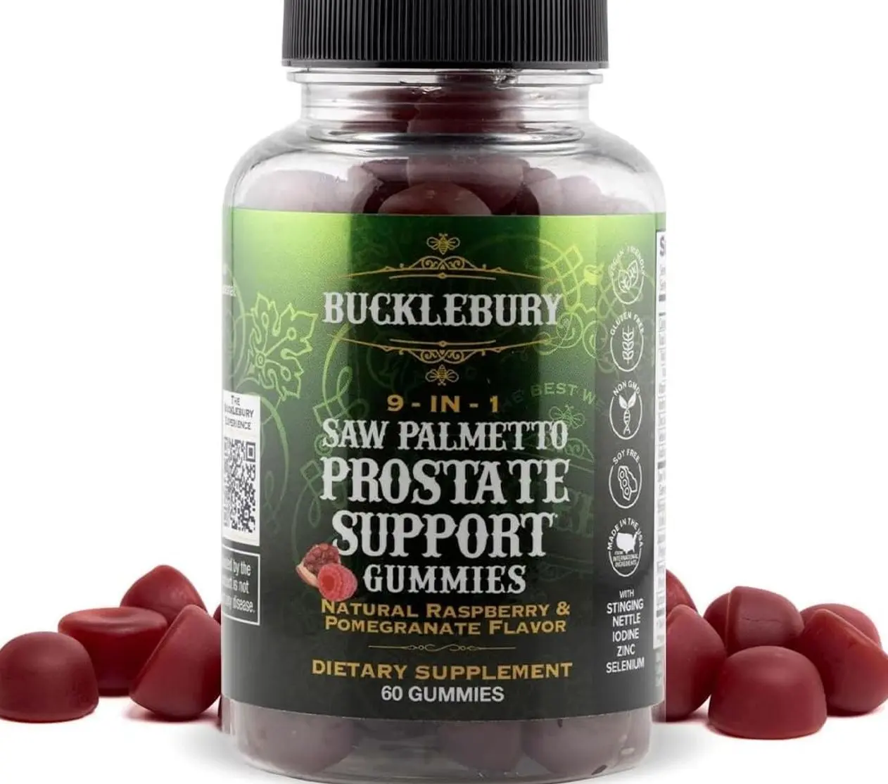 BUCKLEBURY 9-in-1 Natural Saw Palmetto Gummies with Raspberry & Pomegranate Flavor - Plant-Based Prostate Support Supplements for Mens Bladder Health, Hair Growth & Urinary Support - 60 Gummies