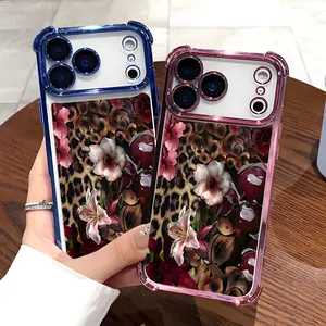 A Leopard Print Cherry Blossom Phone Case,Electroplated Cover with Airbag Shockproof Soft TPU Cover for iPhone 17 Pro Max Phone Case 17 Air 16 E 15 Plus 14 13 12 11 X XS XR, Samsung Galaxy S22 S23 S24 S25 ULTRA FE Plus EDGE