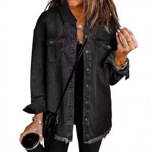 Women's Washed Denim Shirt Jacket Street Style Frayed Hem