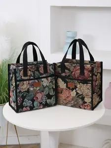 New Thick Knit Jacquard Fabric Floral Pattern Handbag, Large Capacity Portable Tote Lunch Bag for Work Picnic School Season