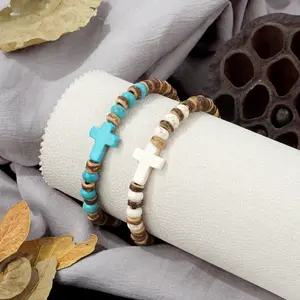 Coconut shell wood chip turquoise cross bracelet for men, hip-hop handmade beaded elastic wooden bracelet